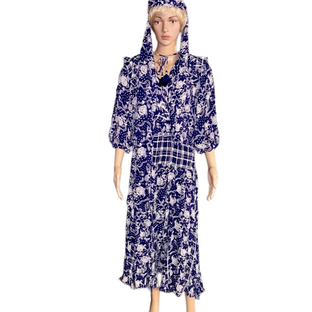 Diane Freis ~ Large ~ Vintage ~ Blue/White • Floral W/ Ruffles & Tie Boho Dress - Picture 1 of 16